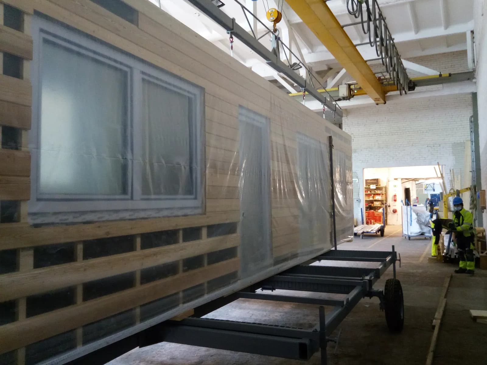 A finished module, wrapped for transport